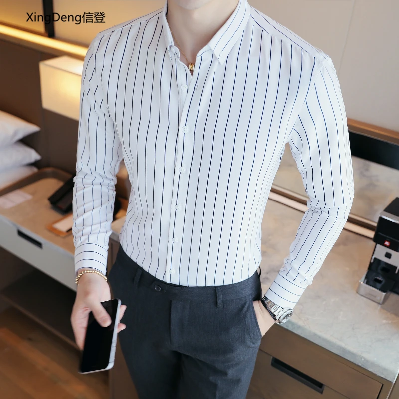 XingDeng мужская деловая Повседневная полосатая рубашка хлопок Модная обтягивающая одежда длинный рукав однотонная однобортная рубашка плюс размер 5xl