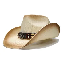 LUCKYLIANJI Ретро Для женщин Для мужчин летние соломенные пляжные широкими полями ковбойской Западная пастушка Hat Знак зодиака с бить кожаный ремешок(58 см