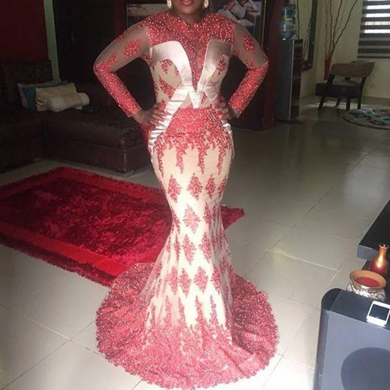 Нигерийские вечерние платья с круглым вырезом, вечернее платье с бисером, кружевные платья в стиле русалки, vestido de festa Longo - Цвет: Красный