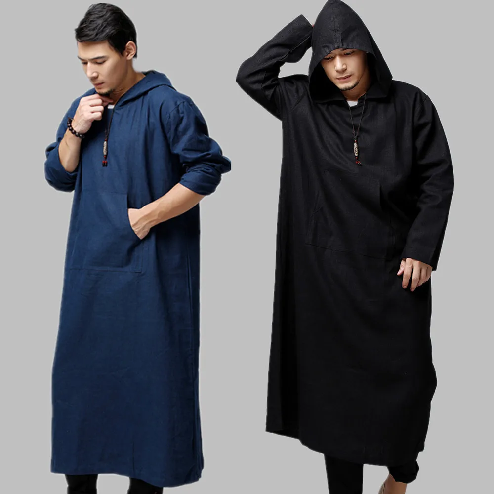 Arabic Robe Men Cotton Linen Long Robes Hooded Chinese Style Clothing