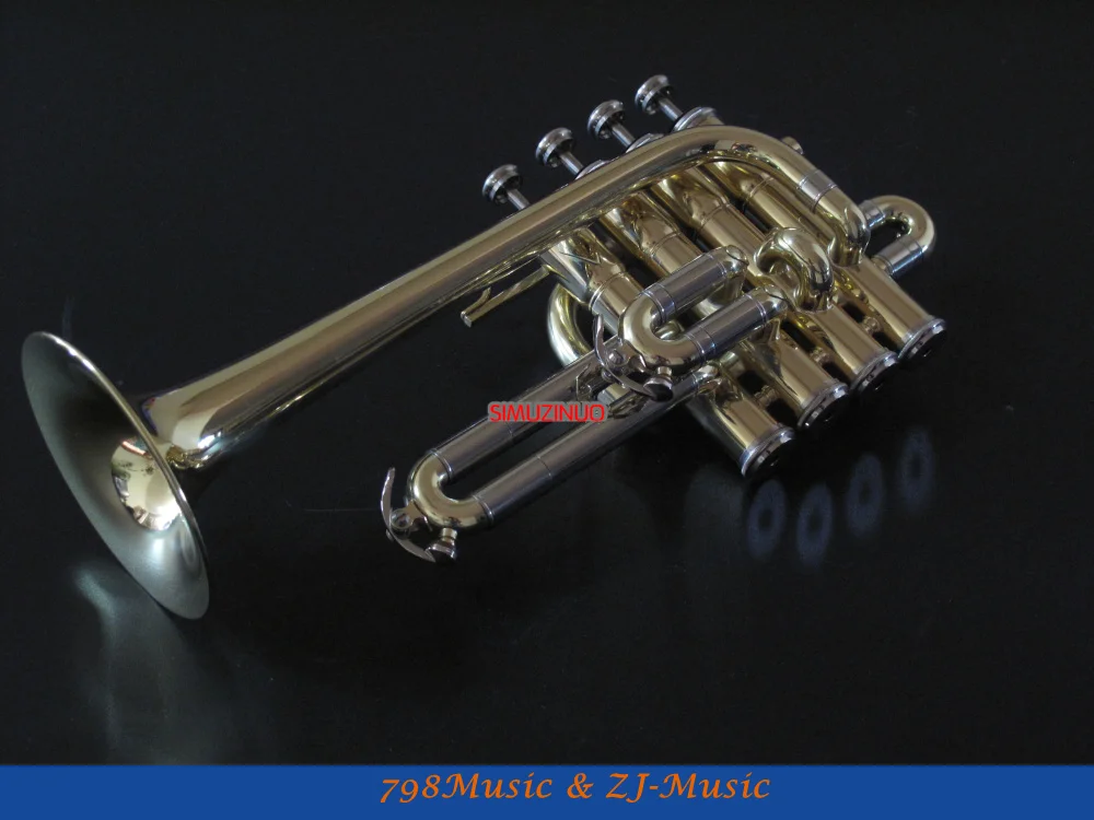 New Gold Lacquer Piccolo Trumpet 4 Piston Bb/A Key With Casein Trumpet
