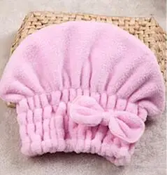 Коралловое флисовое быстровпитывающее шапка для волос, банная шапочка повышенной плотности с милым бантом, ночная шапочка EA003 - Цвет: Розовый