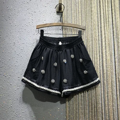 Europe Heavy Rhinestone Beads Wide Leg Shorts Summer New Women's Elastic Waist Casual Hemp Shorts - Цвет: Черный