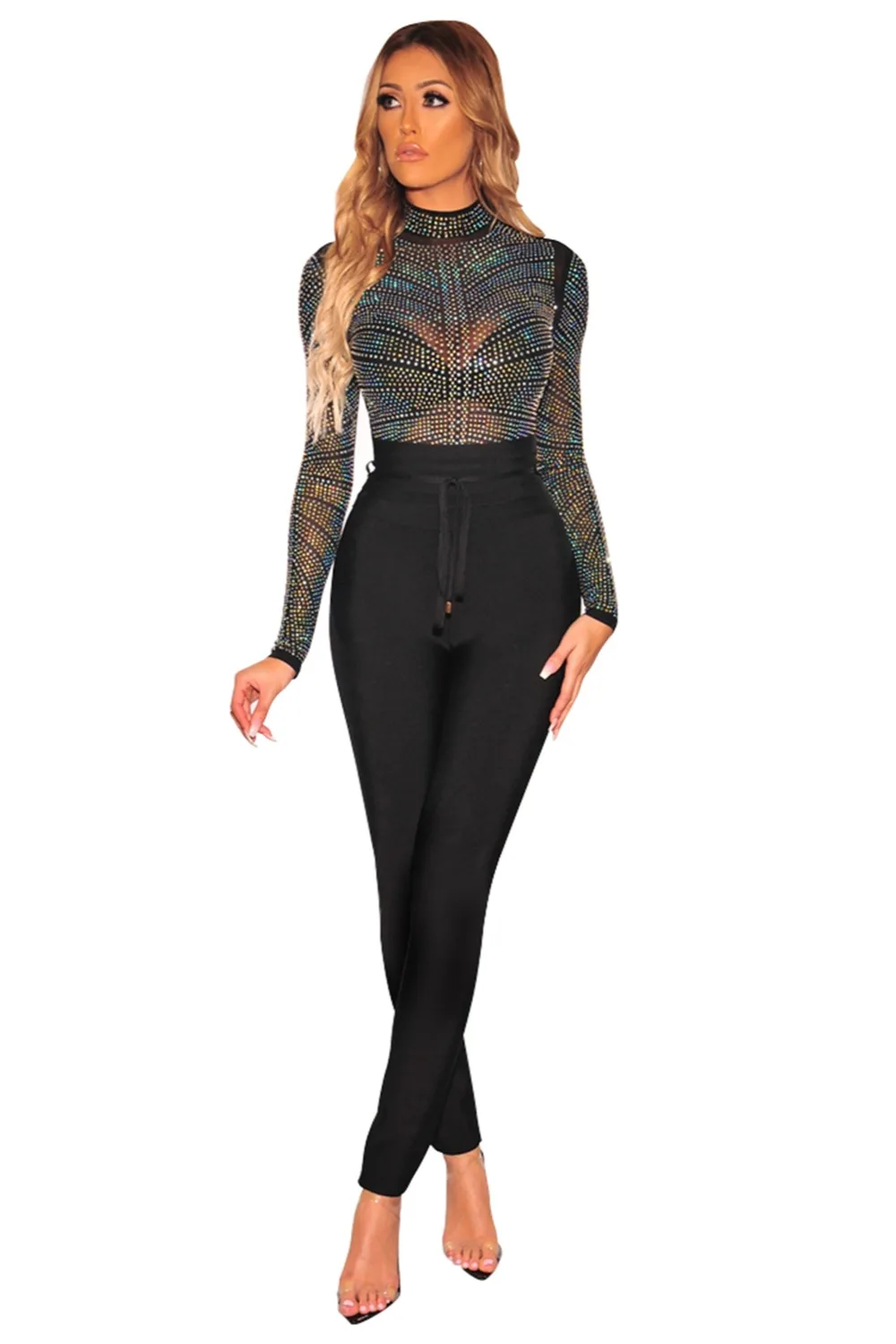 Black-Iridescent-Silver-Rhinestone-Studded-Mock-Neck-Bodysuit-LC32346-2-3 - 副本