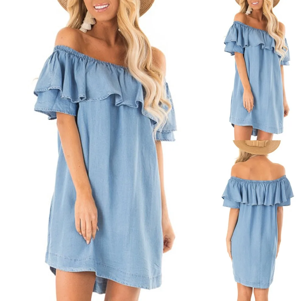 

Women Dress Off Shoulder Ruffles Backless Casual Short Sexy Mini Dress Solid Denim Vacation Beach Evening Party Dress 2019