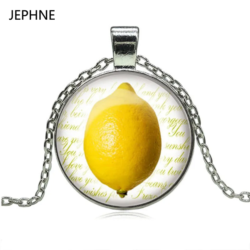 JEPHNE Lemon Necklace Lemon Jewelry Fruit Charm Glass Dome Cabochon