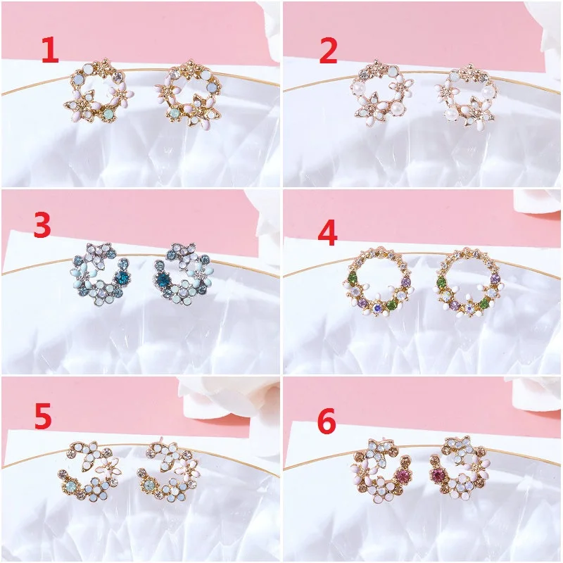 

6 Pair Silver Stud Earrings Sweet Floral Crystal Earriings For Women Korean Style Earings Fashion Jewelry Pendientes