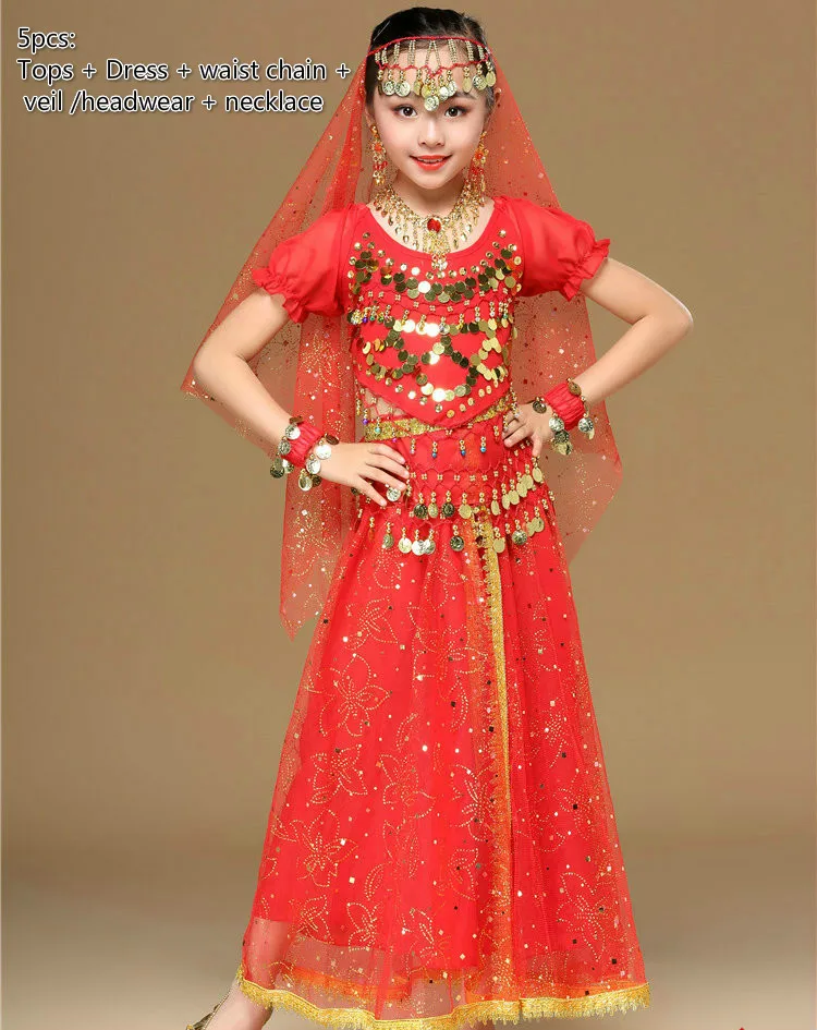 Детский набор костюма для танца живота Восточный танец девушки Индийский Болливуд танцевальная одежда представление для детей танец живота для сцены - Цвет: 5pcs red
