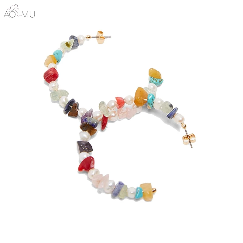 

AOMU Bohemia Summer C-shaped Colorful Pearl Stone Big Hoop Earrings for Women Girl Party Beach Gift Jewelry Bijoux Accessories