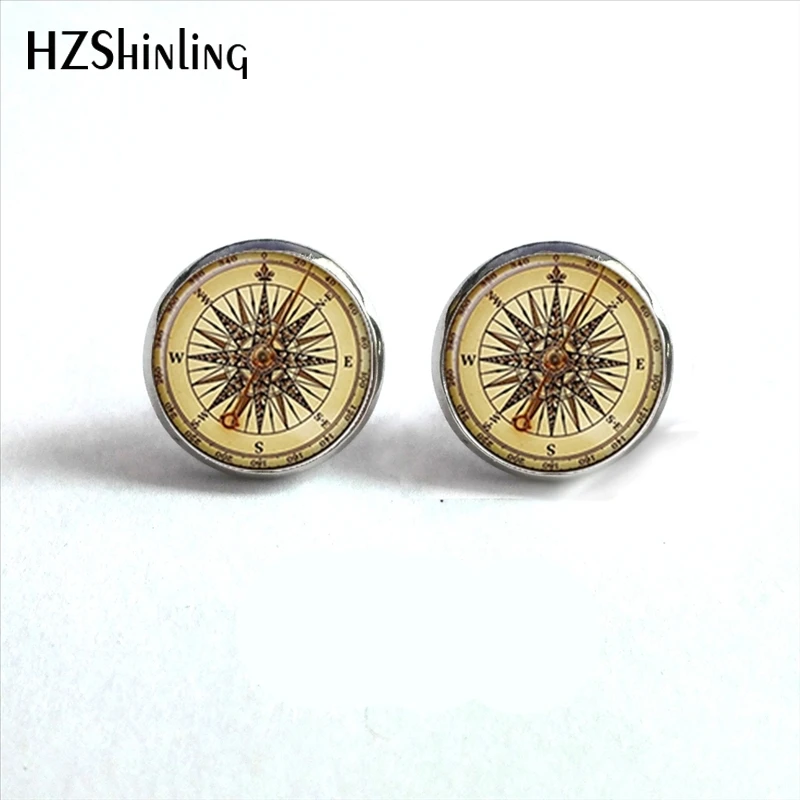 

NES-0093 Vintage Compass Earrings Compass Ear Nail Nautical Earring Old World Sailing Glass Dome Earrings HZ4