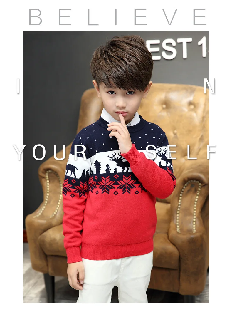 Famli/Рождественский свитер для детей, осенне-зимний вязаный пуловер для мальчиков-подростков Детский свитер в рубчик повседневный топ с длинными рукавами и принтом