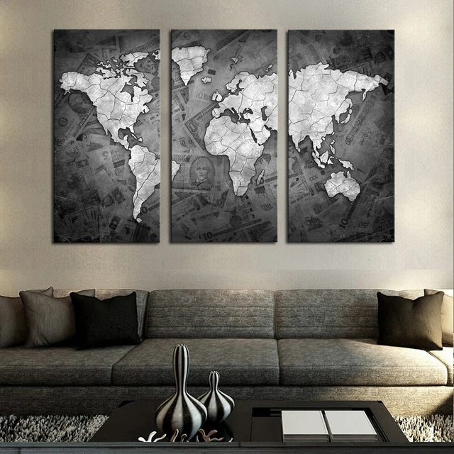 Frameless 3 PCS Wall Art Classical Grey Color Modern World