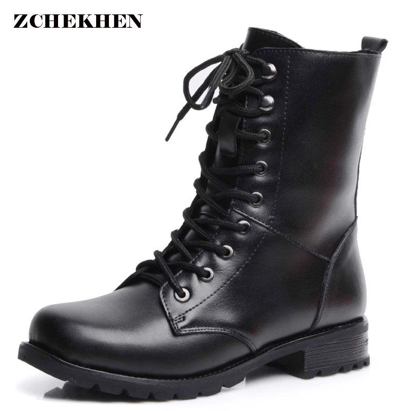 

Fashion Women Lace Up Genuine leather Martin Boots Autumn Platform Ankle Boots Ladies Worker military Boots Black Size 35-41
