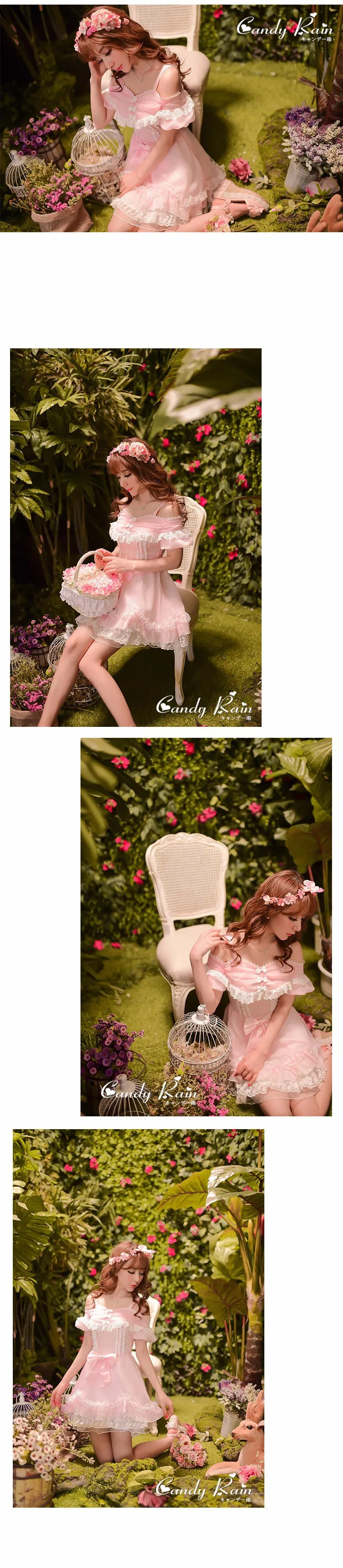 Принцесса сладкий платье в стиле «Лолита» конфеты дождь в японском стиле милые летние новые росы плеча шифоновое платье принцессы с бантом c15ab5773