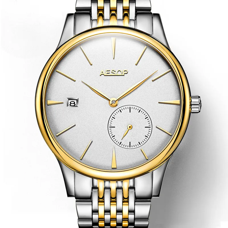 Relógios de Luxo Relógio de Aço Aesop Ultra-fino Simples Relógio Automático Homem Tira Ouro Masculino Completo Horas 8.5mm