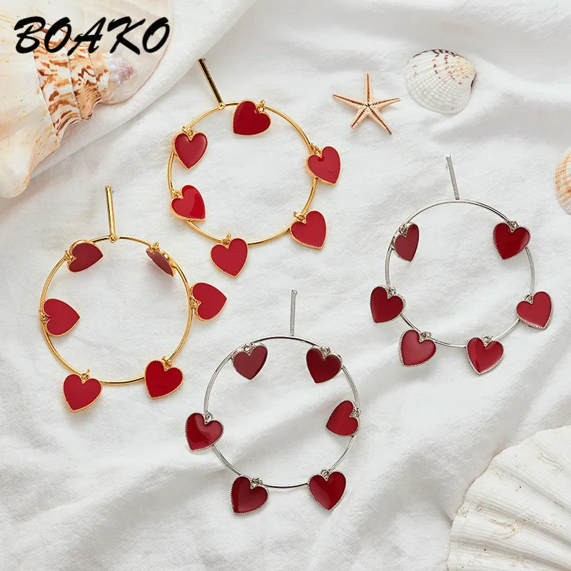 

Trendy Red Heart Big Loop Dangle Earrings for Women Female Statement Earrings Fashion Exaggerated Gold Edge Enamel Heart Earings