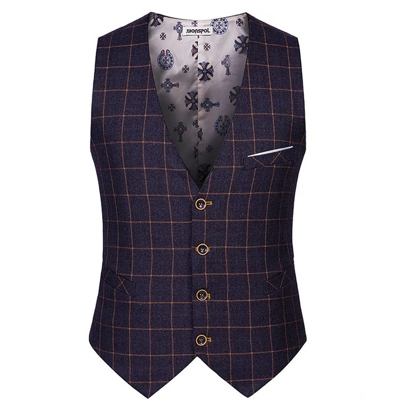 High Quality 2018 Spring Autumn Men Plaid Suit Vests Male Single