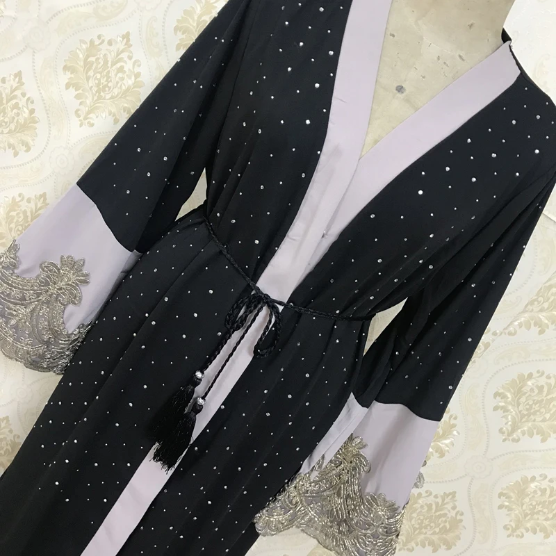 F8841 мусульманский черный Исламский Одежда для женщин вышивка Стразы Дубай Кафтан халат платье