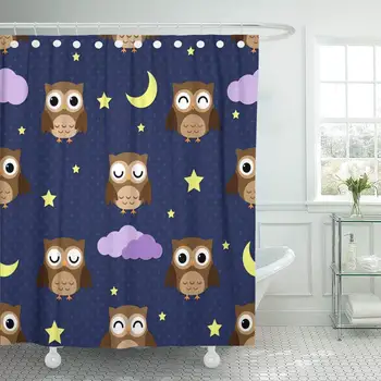 

Shower Curtains Bathroom Curtain Blue Baby Owls at Night with Stars Clouds and Moon Sleep Cute Good Bedtime Sweet Sky bath