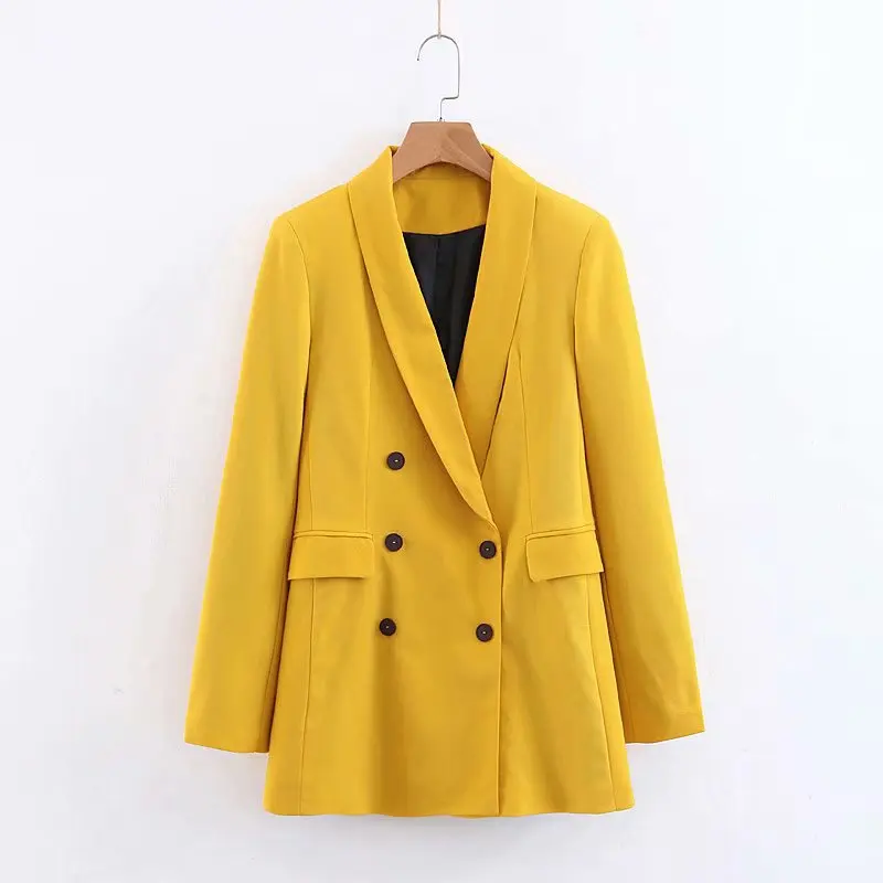 2019  Streetwear Double Breasted Long Blazers Women Office Lady Yellow Suit Jacket Leisure Blazer Loose Coat