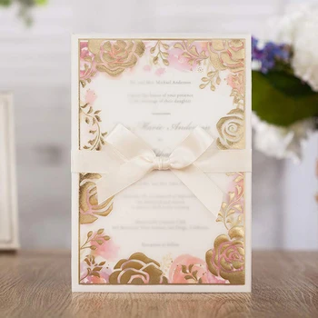 

1pcs Transparent Multicolor Gold Stamping Plant Pattern Wedding Invitations Cards with Floral Hoop Inserts Laser Cut Cards