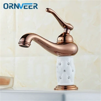 

Free Shipping Luxury Rose Gold Bathroom Faucet White Ceramic Body Gold Plated Brass Basin Sink Mixer Tap RG-018