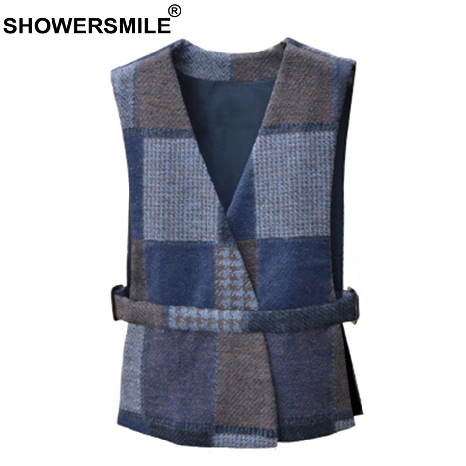 SHOWERSMILE Plus Size Women Vest Army Green Herringbone Waistcoat With Belt Female Double Sided Tweed Spring Ladies Gilet 5xl