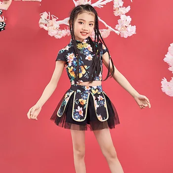 

Kids Jazz Dance Costumes Girls Practice Stage Costume Performance Cheongsam Design Costume Pant Skirt 2pcs Suit For Girls BL1103