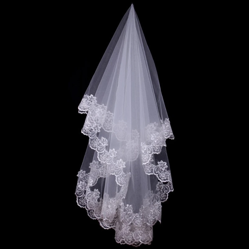 Женская короткая свадебная вуаль белого цвета, однослойная кружевная Цветочная аппликация