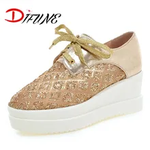 Low Price 2016 New Sexy Women Fashion brand lace-up Shoes Wedges High Heels round toe leisure Platform Pumps Large size 32-43