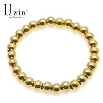 

UWIN Men's Stainless steel Bracelet Stretchable 8MM Round Beads Gold color Bracelets Fashion Punk Jewelry 20cm High Quality