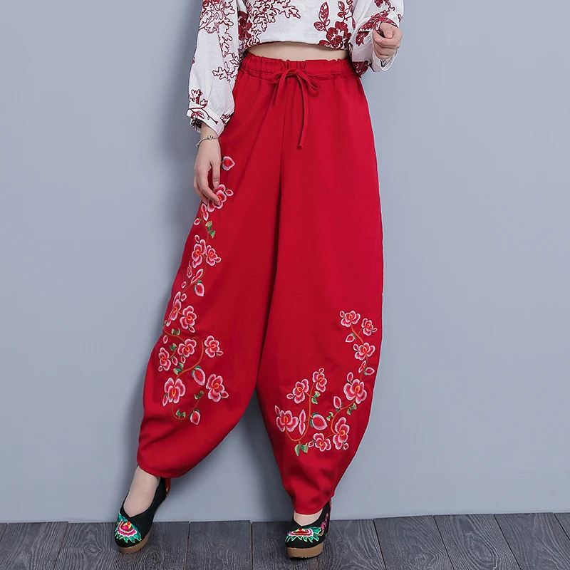 

Women Clothes Spring Women's Large Size Loose Cotton Linen Embroidery Bloomers Casual Pants Elastic Waist Wide Leg Trousers