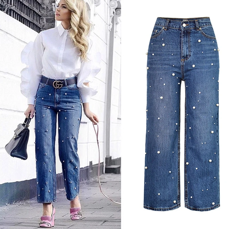Хлопковые винтажные джинсы с высокой талией, женские свободные джинсы с бусинами и жемчужинами, широкие джинсы для женщин в стиле бойфренд размера плюс