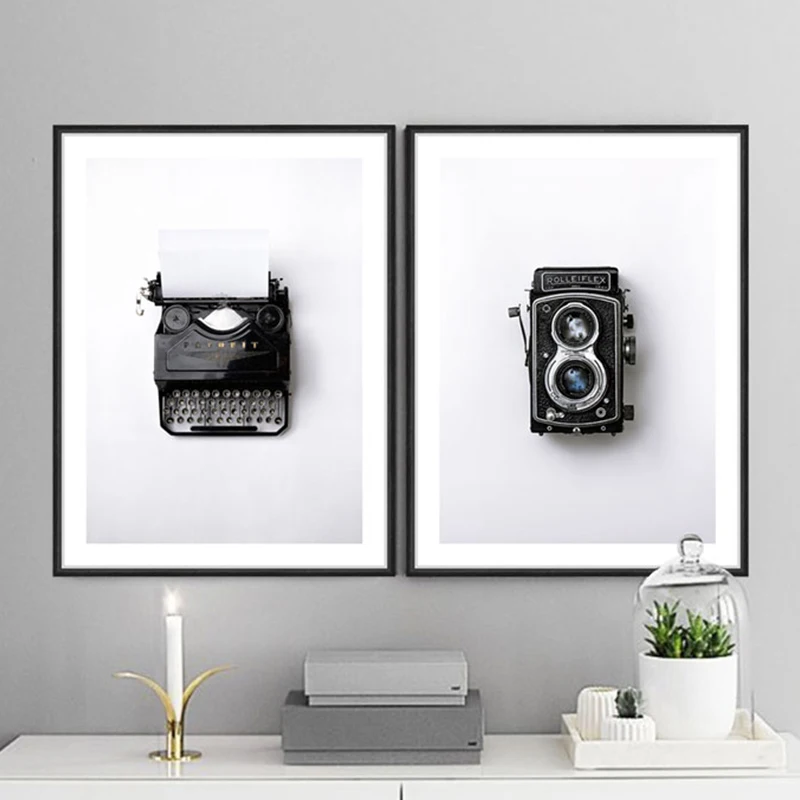 Retro Black And White Typewriter Camera Canvas Art Print Nordic Poster And Prints Painting Modern Home Decoration Wall Pictures