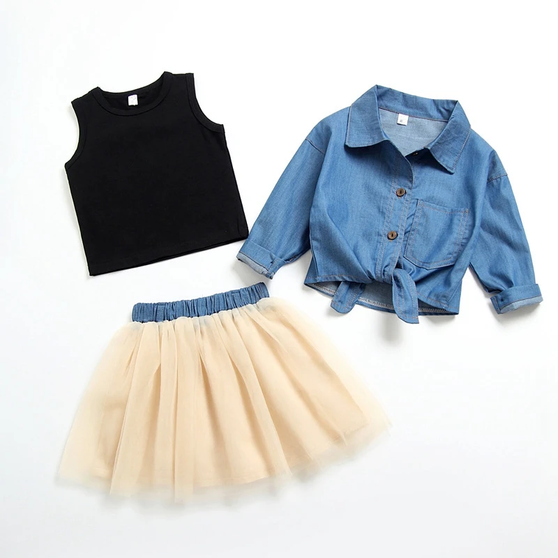 

Children's Wear Autumn Girl Black Round Neck Top + Fashion Denim + Three-Piece Skirt Sets