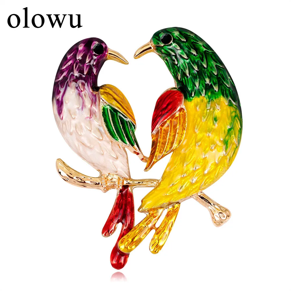 

olowu 2019 New Arrival Colour Enamel Couple Birds Brooches Pins Women Men Costume Suit Jewellery Brooch Black Rhinestone Brooch