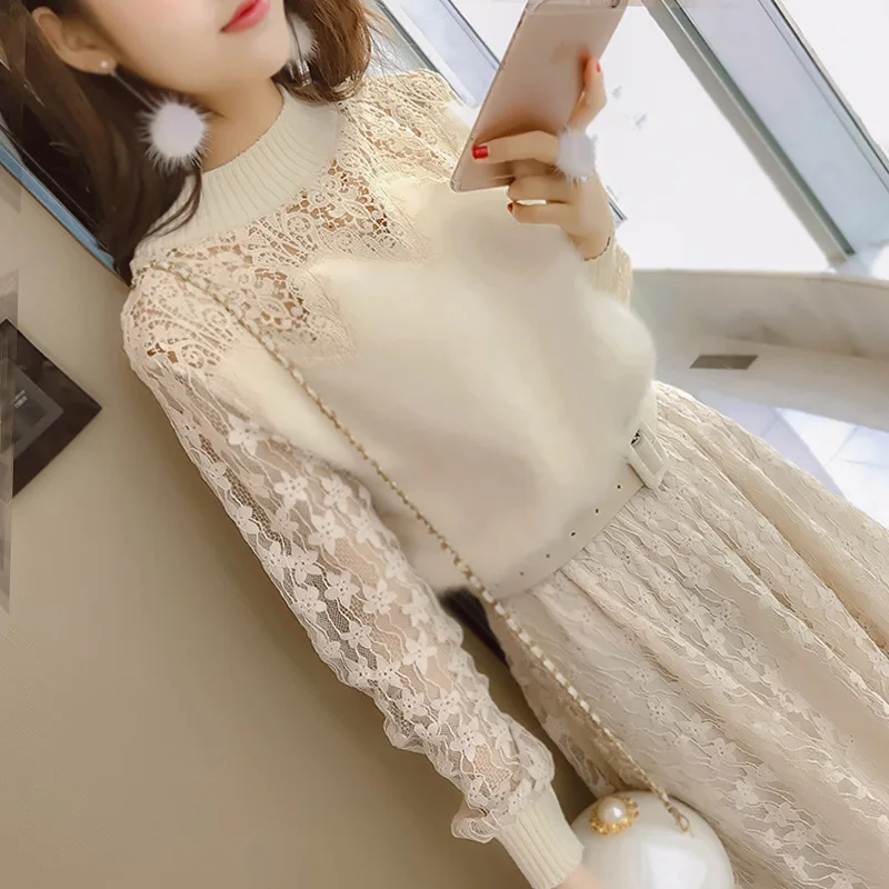 

Women's Dress 2019 Autumn New Slim Small Fragrance with Openwork Lace Dress