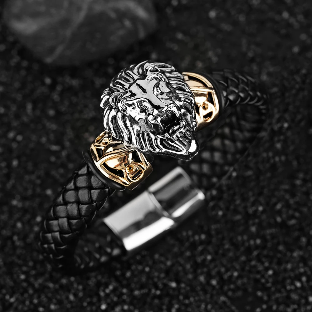 Lion Skull Eagle Punk Woven Bracelets Men Hot Sale Charm Bracelet Male Steampunk Skeleton Bangle Chain Black Leather Bangles (7)