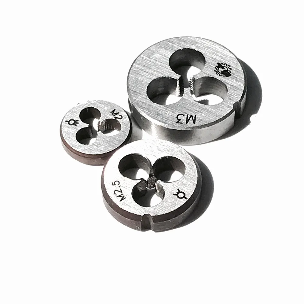 Vendita a costo di 3 pezzi in totale 1 pezzo di ciascuna matrice manuale rotonda metrica M2 M2.5 M3 per filettatura di piccoli pezzi metallici in alluminio e rame - immagine 4
