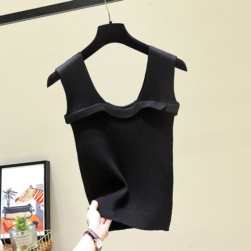 

Women Sleeveless Knit Vest Wide Strap Slim Fit Ruffles Tank Tops FDC99