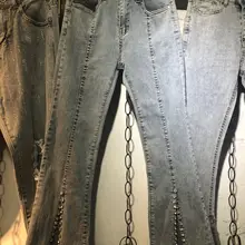 Новые тяжелые работы бисером сплит Джинсы Расклешенные брюки девять брюки женские брюки