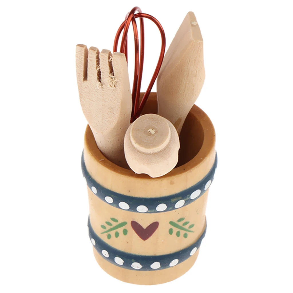 1/12th Dollhouse Kitchen Cookware, Miniature Kitchen Utensils Set Pretend Play Toys, Miniature Wooden Knife Fork Kitchen Toy Set