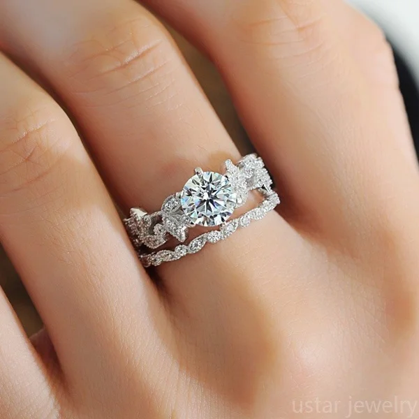 

Unique Leaf Design Silver Plated White Zircon Wedding Engagement Ring Set