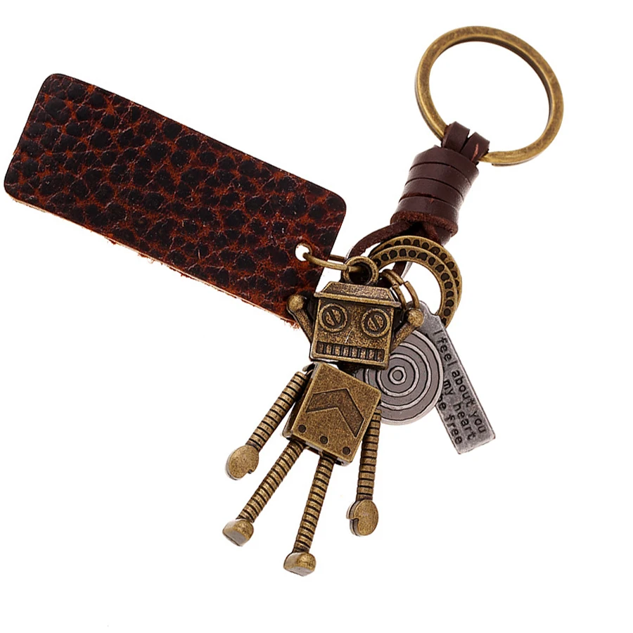 

Fashion Vintage Robot Keychain Copper Alloy Genuine Leather Unisex Car Key Chains Ring Holder Bag Charm Keyring llaveros FY057