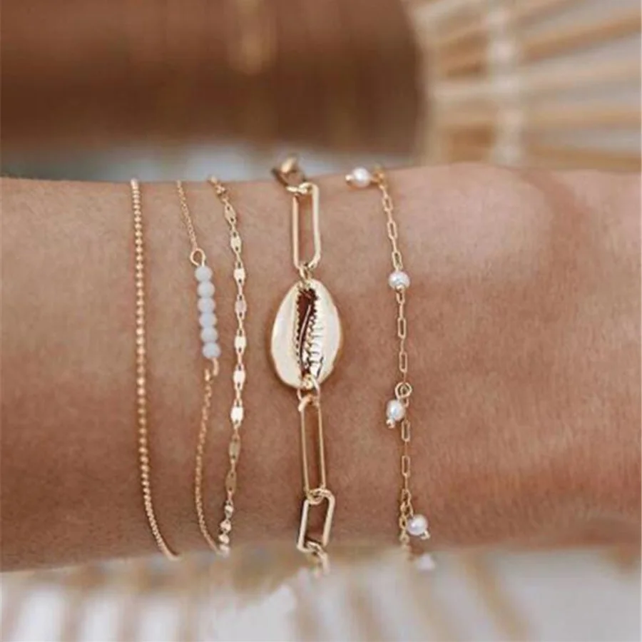 

5PCS Women Bracelets Set Multilayer Metal Shell Beads Gold Chains Boho Bracelet Femme Antique Beach Anklet Jewelry Accessories