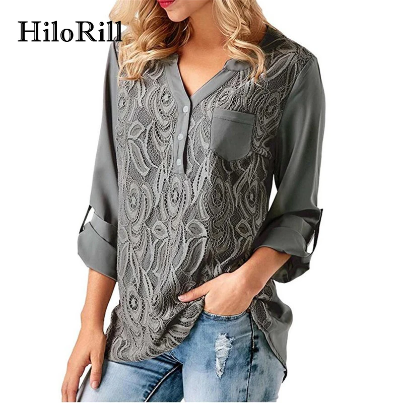 HiloRill Lace Chiffon Blouse 2018 Fashion Long Sleeve