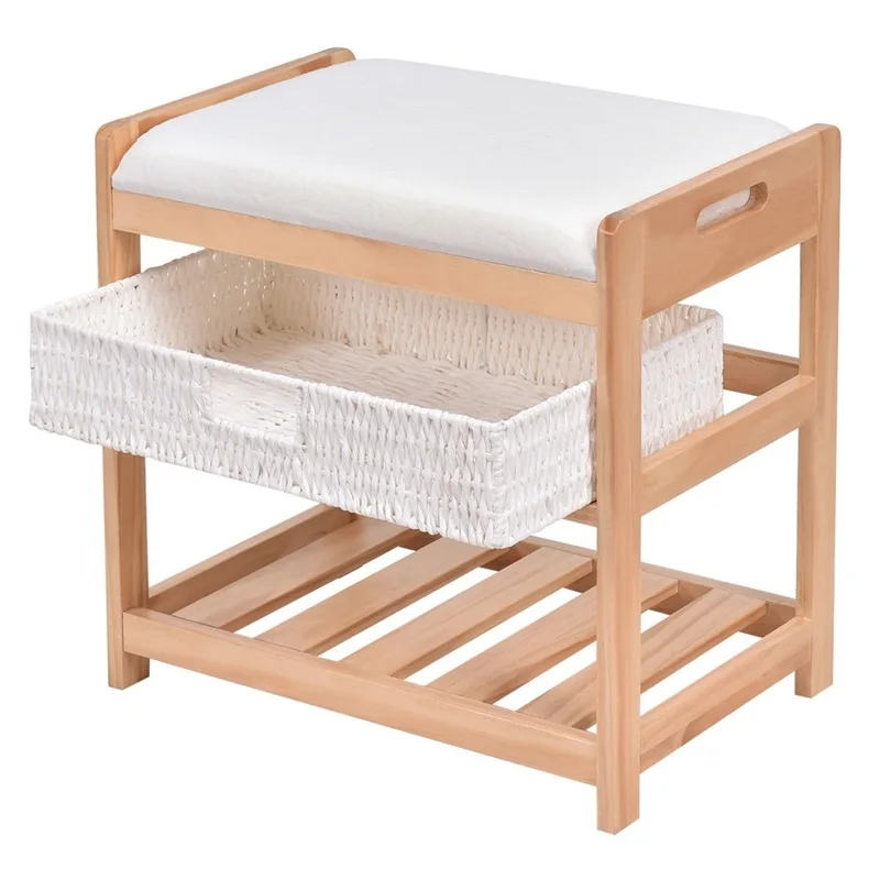

Modern 2-Tier Basket Entryway Hallway Lightweight Sturdy Pine Wooden Shoe Rack with Comfortable Thick Sponge Cushion HW56235