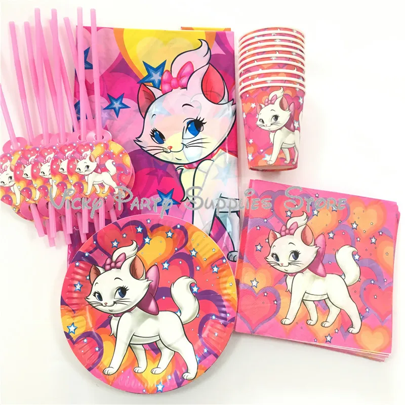 

51pcs/lot Marie Cat Disposable Tableware Set Cartoon Pink Cat The Aristocats Birthday Baby Shower Cup Plate Decoration Supplies