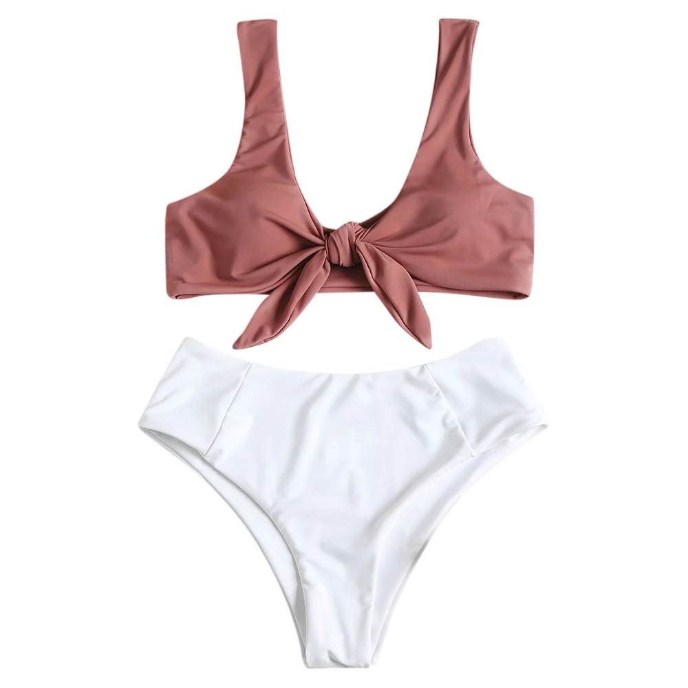 

Front Bow Tie Color Blocking Bikini Set Push Up Swimwear Padded 2018 Summer Women Sexy High Rise Bikini Set