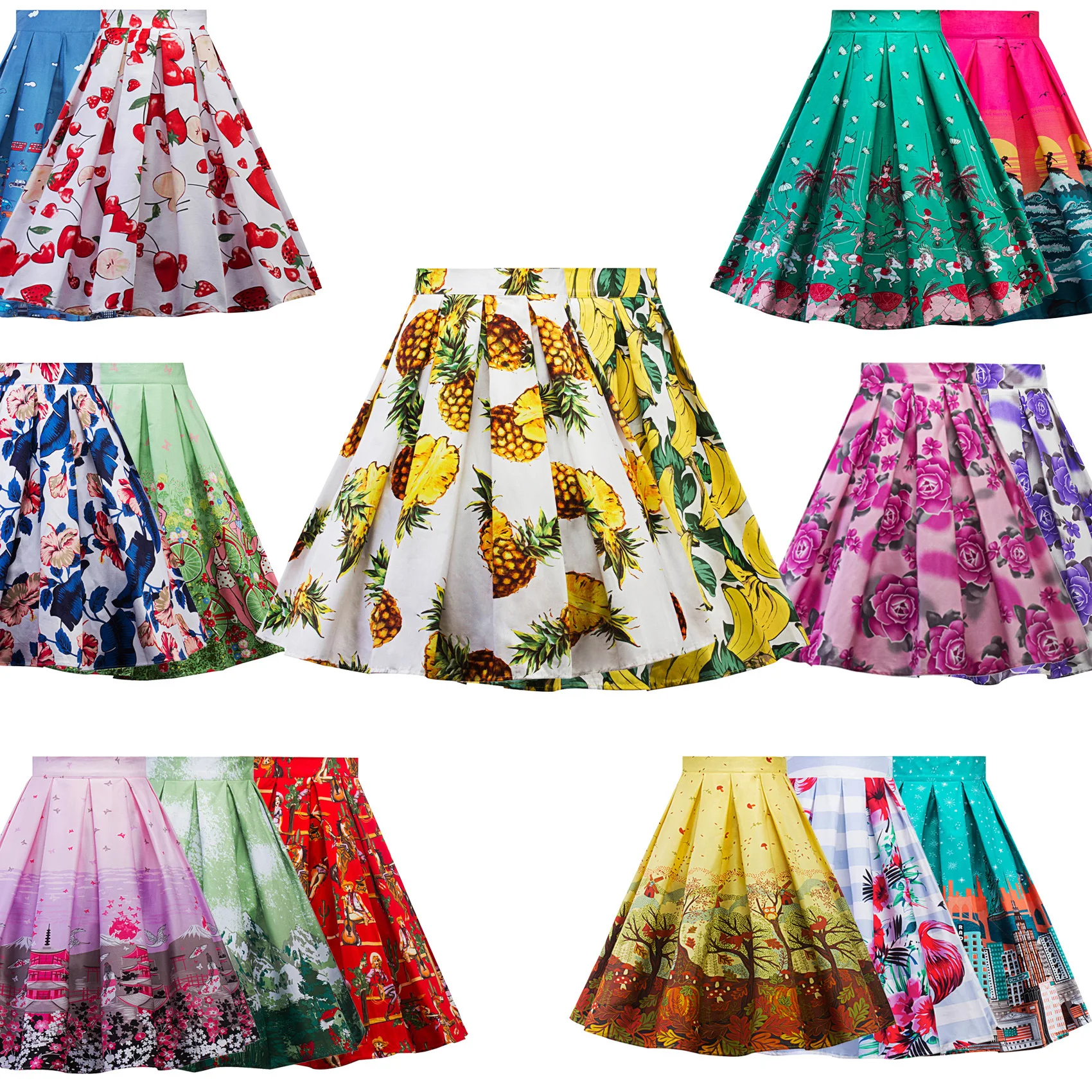 

2018 Print Swing Skirts Women High Waist 50s Summer Vintage 21 colors Rockabilly Skirt Elegant Retro Female Saia Midi Skirt